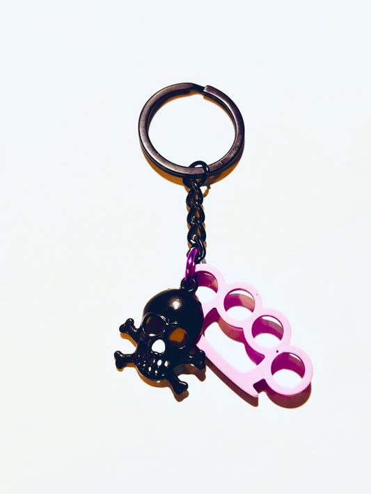 Brass Knuckle Duster and Skull Dual Charm Keychain