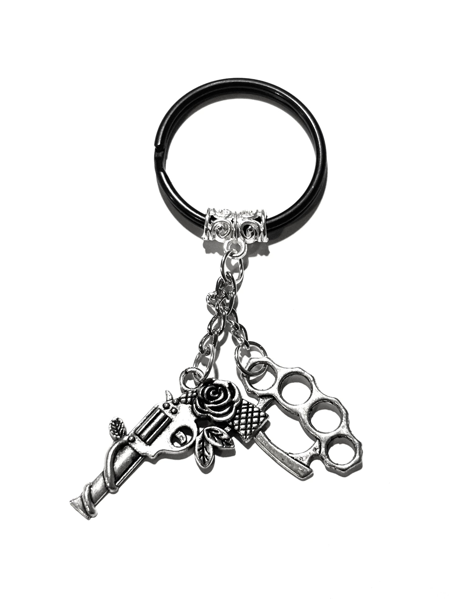 Brass Knuckle Duster and Pistol Dual Charm Keychain