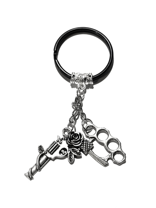 Brass Knuckle Duster and Pistol Dual Charm Keychain