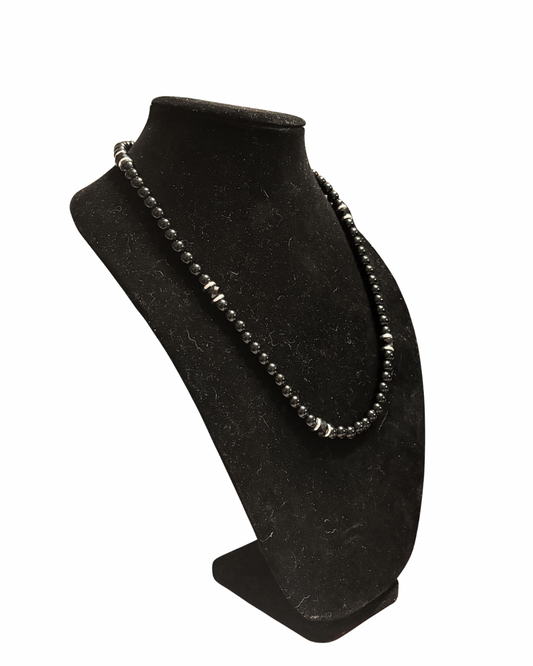 Mens Onyx and Steel Beaded Necklace