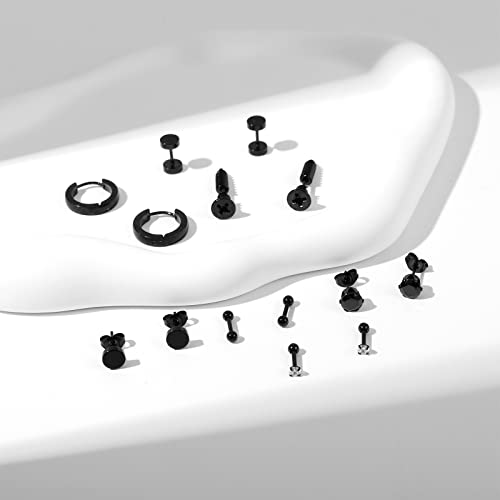 Black Stainless Steel Stud Earrings for Men Women Small Huggie Hoop Earrings Set for Men Cool Goth Punk Earrings Barbell Earrings Black Silver Hoop Cartilage Earring (Classic) (Black Tone)