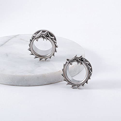 1 Pair Stainless Steel Ear Gauges Tunnels Ouroboros Snake Eat Tails Silver Vintage 2g-1 Inch Double Flare For Men For Women