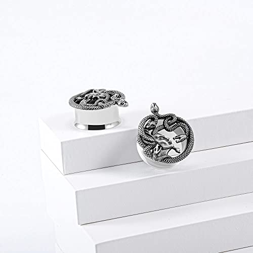 1 Pair Stainless Steel Ear Gauges Tunnels Ouroboros Snake Eat Tails Silver Vintage 2g-1 Inch Double Flare For Men For Women