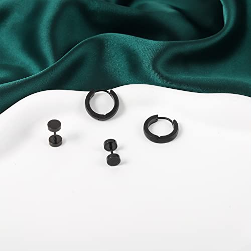 Black Stainless Steel Stud Earrings for Men Women Small Huggie Hoop Earrings Set for Men Cool Goth Punk Earrings Barbell Earrings Black Silver Hoop Cartilage Earring (Classic) (Black Tone)