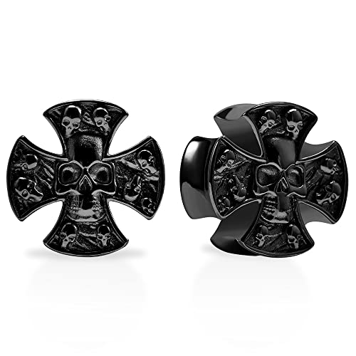 2PCS Stainless Steel 316L Punk Vintage Cross Skull Gauge For Ears Expander Stretcher Ear Tunnels Upgrade Saddle Plugs Double Flared Guage For Women Men 0g-1"