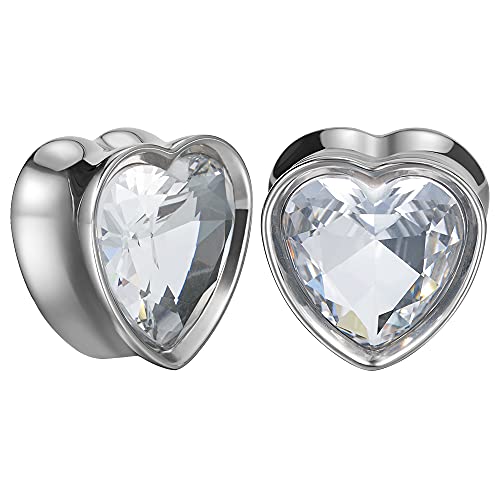 Surgical Steel Heart-Shaped Zircon Double Flared Ear Tunnels And Plugs Stretcher Expander Sold As Pair Gauge 8mm-25mm