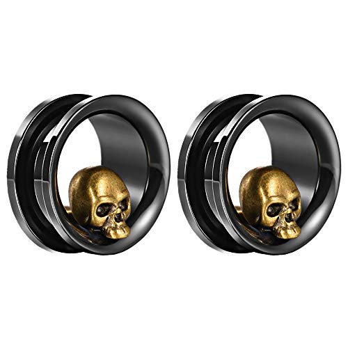 2PCS Stainless Steel Ear Gauges Tunnels Expander Vintage Black Gold Skull 0g-1 inch Body Piercing Jewelry