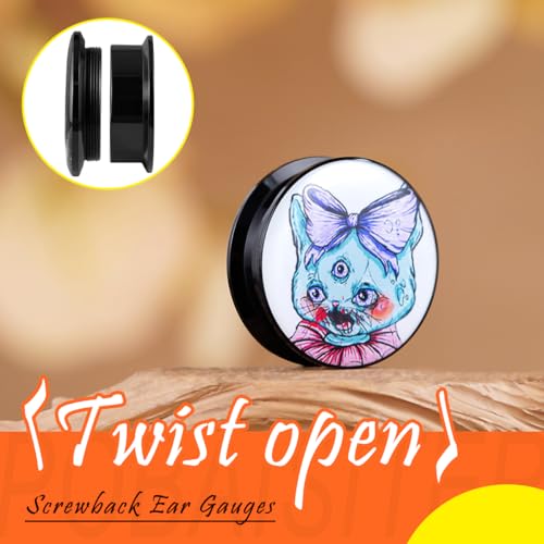 2PCS Acrylic Solid Screw On Ear Plugs and Tunnels Hand Drawn Illustrations Epoxy Allergy Free Ear Gauge Stretcher For Women Men Body Piercing Jewelry
