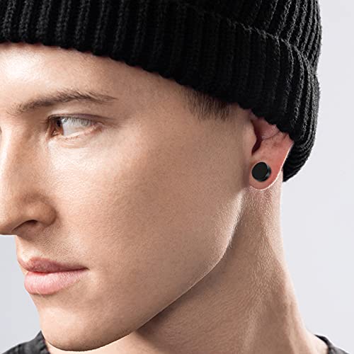 Black Stainless Steel Stud Earrings for Men Women Small Huggie Hoop Earrings Set for Men Cool Goth Punk Earrings Barbell Earrings Black Silver Hoop Cartilage Earring (Classic) (Black Tone)