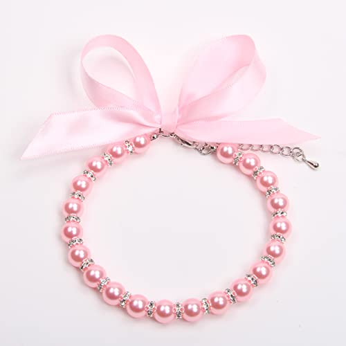 Dog Cat Pearls Necklace Collar with Bling Accessories and Ribbon Bow Pet Puppy Jewelry for Female Dogs Cats Small Medium (XL, Pink)