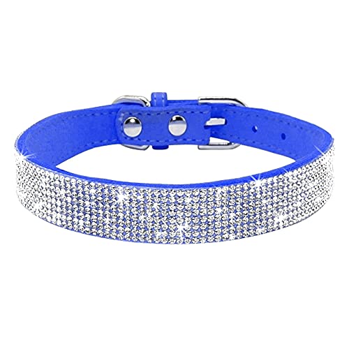 Rhinestone Dog Collar, Cute Dazzling Sparkling Soft Suede Leather Dog Cat Rhinestone Collar Crystal Diamond Pet Dog Puppy Collar (XS, Blue-1)