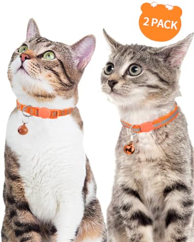 Taglory Reflective Cat Collars Breakaway with Bell, 2-Pack Girl Boy Pet Kitten Collar Adjustable 7.5-12.5 Inch, Green