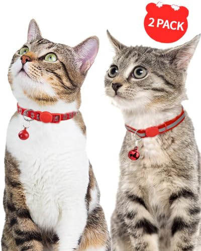 Taglory Reflective Cat Collars Breakaway with Bell, 2-Pack Girl Boy Pet Kitten Collar Adjustable 7.5-12.5 Inch, Green