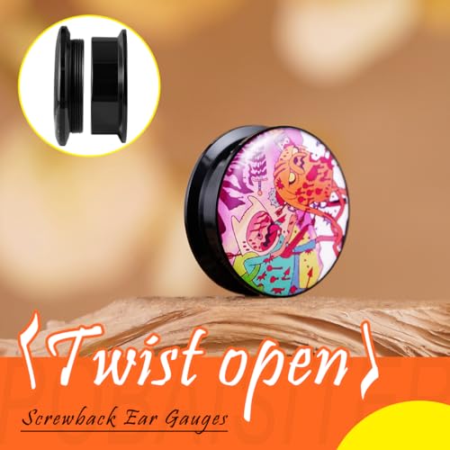 2PCS Acrylic Solid Screw On Ear Plugs and Tunnels Hand Drawn Illustrations Epoxy Allergy Free Ear Gauge Stretcher For Women Men Body Piercing Jewelry