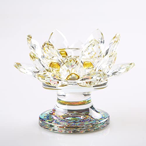 4.5 Inch Crystal Lotus Candle Candle Holder, Glass Candle Holder Lamp Holder Night Light Candle Holder for Altar Window Sill Multicolor