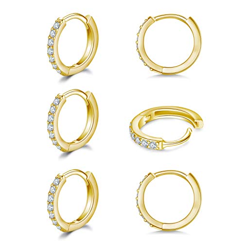 925 Sterling Silver Small Hoop Earrings Cubic Zirconia Huggie Hoop Earrings, 3 Pairs 14K White Gold Plated Cartilage Piercing Earrings Ear Cuff Tiny Hoop Earrings for Women Men