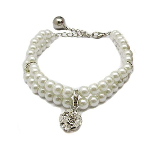 Luxury 2 Row Pearls Rhinestones Pet Cat Dog Necklace Collar Jewelry with Bling Crystal Ball Charm Pendant for Pets Cats Small Dogs Female Puppy Chihuahua Yorkie Girls Costume Outfits