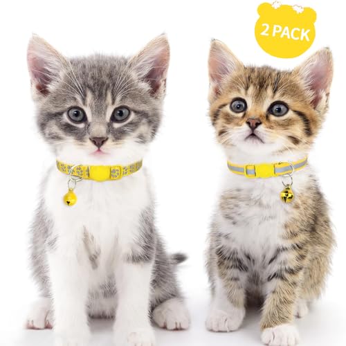 Taglory Reflective Cat Collars Breakaway with Bell, 2-Pack Girl Boy Pet Kitten Collar Adjustable 7.5-12.5 Inch, Green