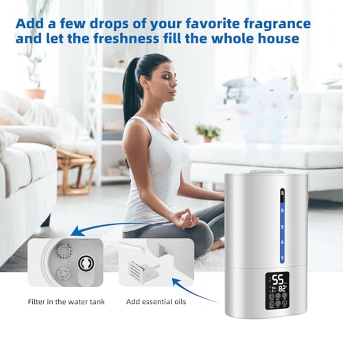 6L Humidifiers for Bedroom Large Room Home, Cool and Warm for Baby and Plants Mist Top Fill Desk Humidifiers Essential Oil Diffuser, Quiet with Adjustable Mist,360°Nozzle-Black