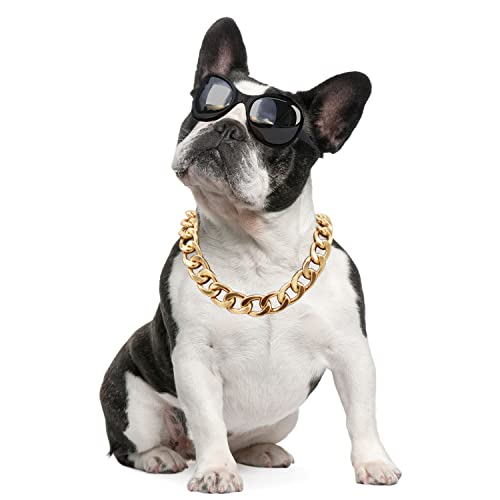 18K Gold Plated Dog Chain Collar-3/4 Inch (20mm) Width Cuban Link Durable Dog Necklace, Cute Fashion Pet Collar for Pit Bulldog, Light Metal Jewelry Bold Chain Puppy Accessories (26 inch, Gold)