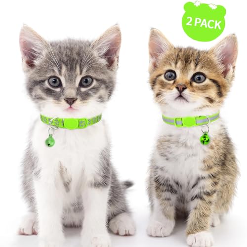 Taglory Reflective Cat Collars Breakaway with Bell, 2-Pack Girl Boy Pet Kitten Collar Adjustable 7.5-12.5 Inch, Green