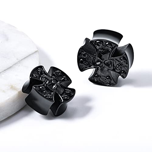 2PCS Stainless Steel 316L Punk Vintage Cross Skull Gauge For Ears Expander Stretcher Ear Tunnels Upgrade Saddle Plugs Double Flared Guage For Women Men 0g-1"