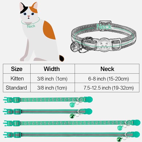 Taglory Reflective Cat Collars Breakaway with Bell, 2-Pack Girl Boy Pet Kitten Collar Adjustable 7.5-12.5 Inch, Green