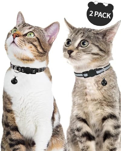 Taglory Reflective Cat Collars Breakaway with Bell, 2-Pack Girl Boy Pet Kitten Collar Adjustable 7.5-12.5 Inch, Green