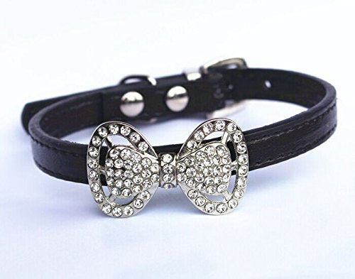 Leather Rhinestone Bow Tie Pet Cat Dog Collar Necklace Jewelry for Small Dogs Girl Kitten Puppy Teacup Chihuahua Yorkie Clothes Costume Outfits (5.9 to 8.2-Inch, Purple)