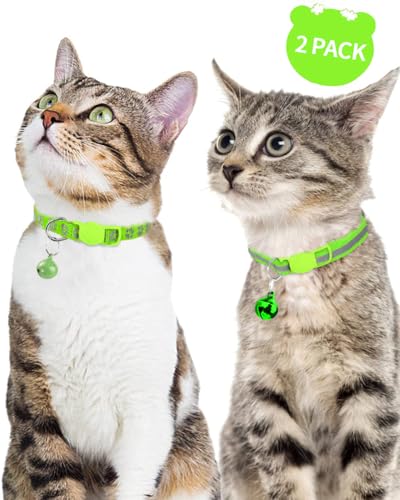 Taglory Reflective Cat Collars Breakaway with Bell, 2-Pack Girl Boy Pet Kitten Collar Adjustable 7.5-12.5 Inch, Green