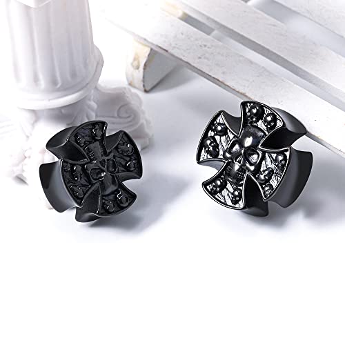 2PCS Stainless Steel 316L Punk Vintage Cross Skull Gauge For Ears Expander Stretcher Ear Tunnels Upgrade Saddle Plugs Double Flared Guage For Women Men 0g-1"