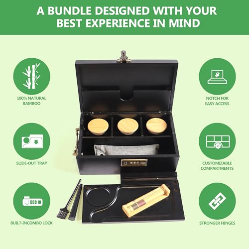 Bamboo Box with Combination Lock, Decorative Box with Handle, Large Storage Stash Box Set, Removable Dividers, 3 Glass Jars, Bamboo Herb Roller, Tray Insert & Smell Proof Accessory Tools Kit (Black)