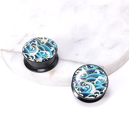 1 Pair Acrylic Solid Screw On Ear Plugs Tunnels Epoxy Allergy Free 2g - 1 Inch Stretcher Japanese Wave Pattern Vector Art Color Drawing For Women For Men Body Piercing Jewelry