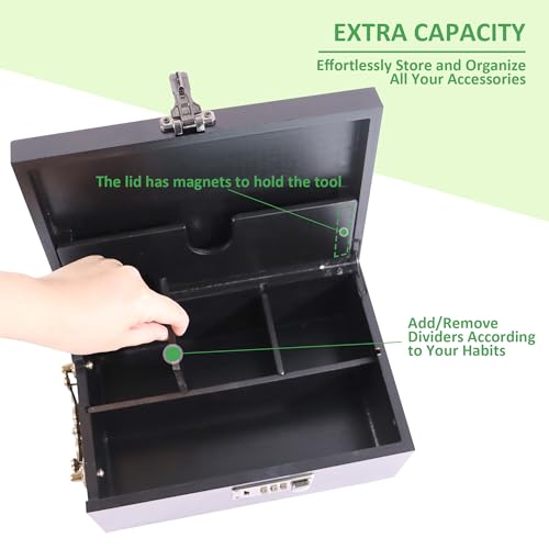 Bamboo Box with Combination Lock, Decorative Box with Handle, Large Storage Stash Box Set, Removable Dividers, 3 Glass Jars, Bamboo Herb Roller, Tray Insert & Smell Proof Accessory Tools Kit (Black)