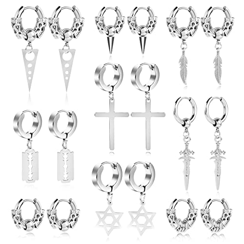 Black Stainless Steel Stud Earrings for Men Women Small Huggie Hoop Earrings Set for Men Cool Goth Punk Earrings Barbell Earrings Black Silver Hoop Cartilage Earring (Classic) (Black Tone)