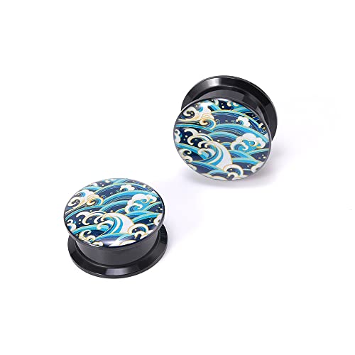 1 Pair Acrylic Solid Screw On Ear Plugs Tunnels Epoxy Allergy Free 2g - 1 Inch Stretcher Japanese Wave Pattern Vector Art Color Drawing For Women For Men Body Piercing Jewelry