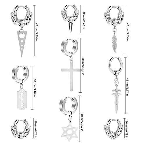 Black Stainless Steel Stud Earrings for Men Women Small Huggie Hoop Earrings Set for Men Cool Goth Punk Earrings Barbell Earrings Black Silver Hoop Cartilage Earring (Classic) (Black Tone)