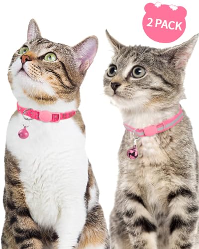 Taglory Reflective Cat Collars Breakaway with Bell, 2-Pack Girl Boy Pet Kitten Collar Adjustable 7.5-12.5 Inch, Green