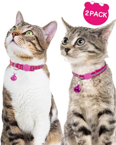 Taglory Reflective Cat Collars Breakaway with Bell, 2-Pack Girl Boy Pet Kitten Collar Adjustable 7.5-12.5 Inch, Green
