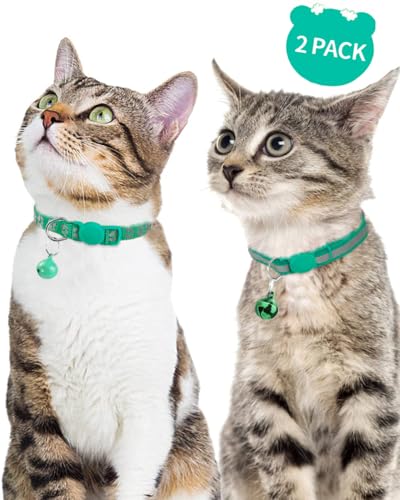 Taglory Reflective Cat Collars Breakaway with Bell, 2-Pack Girl Boy Pet Kitten Collar Adjustable 7.5-12.5 Inch, Green