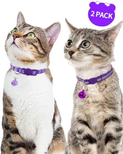 Taglory Reflective Cat Collars Breakaway with Bell, 2-Pack Girl Boy Pet Kitten Collar Adjustable 7.5-12.5 Inch, Green
