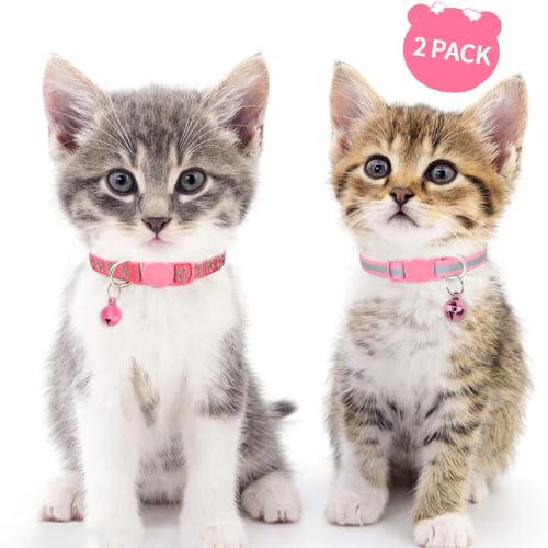 Taglory Reflective Cat Collars Breakaway with Bell, 2-Pack Girl Boy Pet Kitten Collar Adjustable 7.5-12.5 Inch, Green