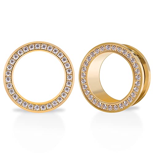 1 Pair Surgical Steel Screw Fit Tunnels Ear Plug Gauges Gold Gem Expander Stretcher Earrings 6mm-25mm