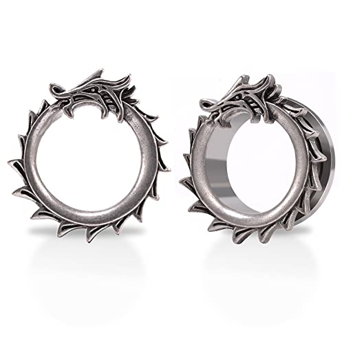 1 Pair Stainless Steel Ear Gauges Tunnels Ouroboros Snake Eat Tails Silver Vintage 2g-1 Inch Double Flare For Men For Women