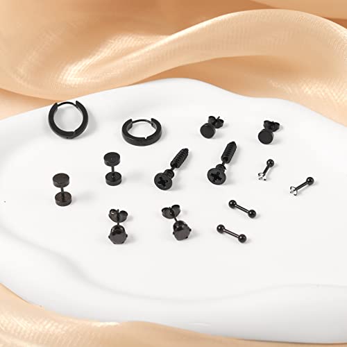 Black Stainless Steel Stud Earrings for Men Women Small Huggie Hoop Earrings Set for Men Cool Goth Punk Earrings Barbell Earrings Black Silver Hoop Cartilage Earring (Classic) (Black Tone)