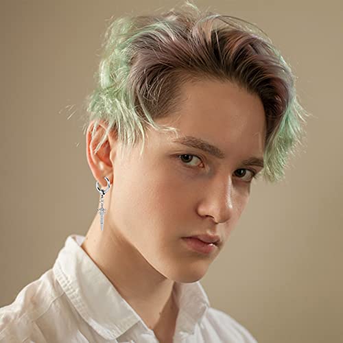 Black Stainless Steel Stud Earrings for Men Women Small Huggie Hoop Earrings Set for Men Cool Goth Punk Earrings Barbell Earrings Black Silver Hoop Cartilage Earring (Classic) (Black Tone)