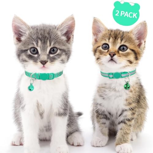 Taglory Reflective Cat Collars Breakaway with Bell, 2-Pack Girl Boy Pet Kitten Collar Adjustable 7.5-12.5 Inch, Green