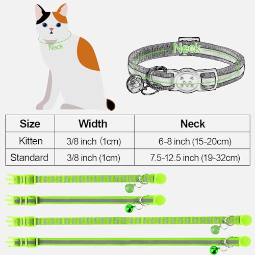 Taglory Reflective Cat Collars Breakaway with Bell, 2-Pack Girl Boy Pet Kitten Collar Adjustable 7.5-12.5 Inch, Green