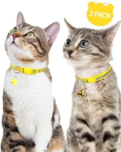 Taglory Reflective Cat Collars Breakaway with Bell, 2-Pack Girl Boy Pet Kitten Collar Adjustable 7.5-12.5 Inch, Green