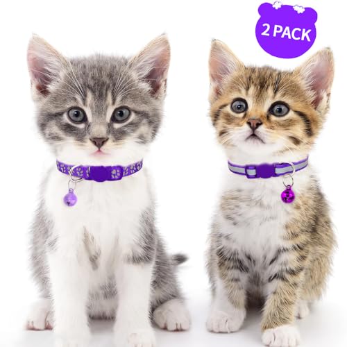 Taglory Reflective Cat Collars Breakaway with Bell, 2-Pack Girl Boy Pet Kitten Collar Adjustable 7.5-12.5 Inch, Green